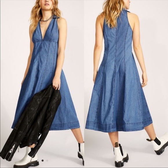 Free People Dresses & Skirts - Free People Vivien Midi V-neck Denim Dress New